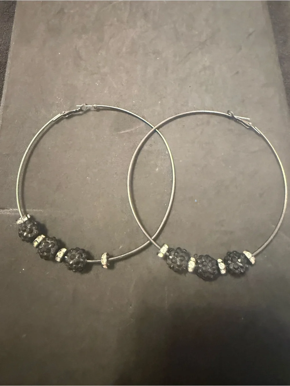 Gunmetal  Hoop Earrings with Black Crystal Beads